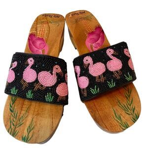 Miz Tanice Beaded & Painted Pink Flamingo Wood Slides in ladies Sz 8.